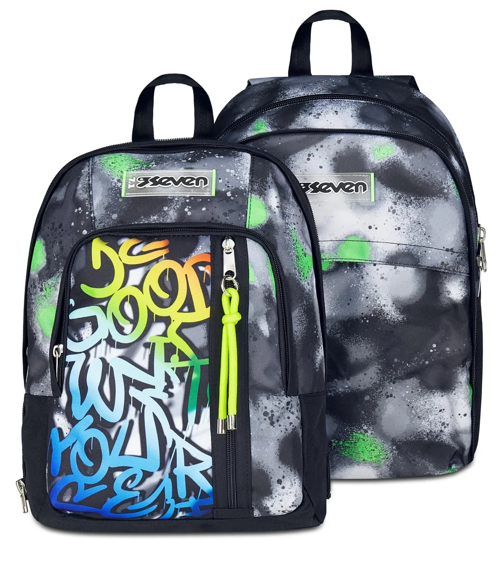Seven Zaino Scuola Dual Detach SPRINT PAINT BOY, Nero Verde, Doppio Scomparto da 32 L, Con Tasca PC, Tasca Borraccia, Tasca Con Organizer e Scomparto Staccabile, Scuola Media e Superiore