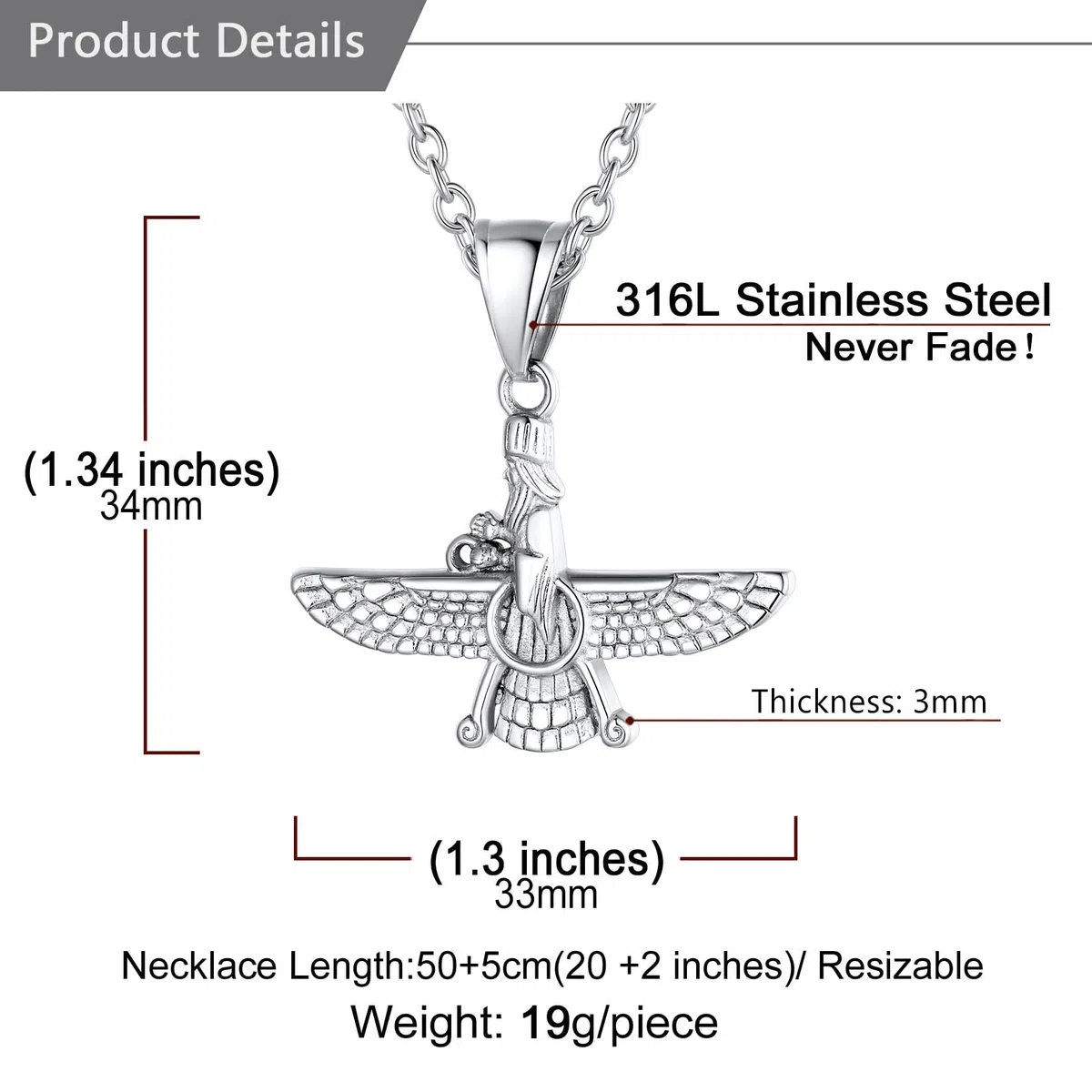 U7 Collana Pendente Faravahar Iraniano Cindolo + Catena di Grano Lunghezza Regolabile Larghezza 3 MM Sottile Acciaio Placcata Oro 18K con Confezione Religioso Collana Uomo Argento Nero Oro