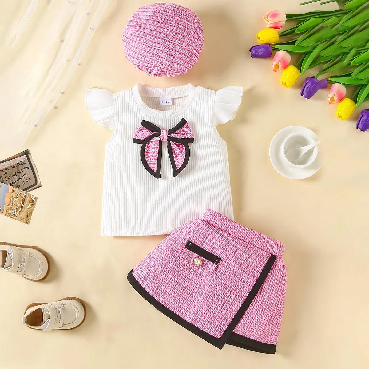 Abbigliamento Bambina Vestiti Set Maniche a Balze a Coste Top con Papillon + Elegante Minigonna a Quadri in Tweed + Basco 3 Pezzi Estivo Completo