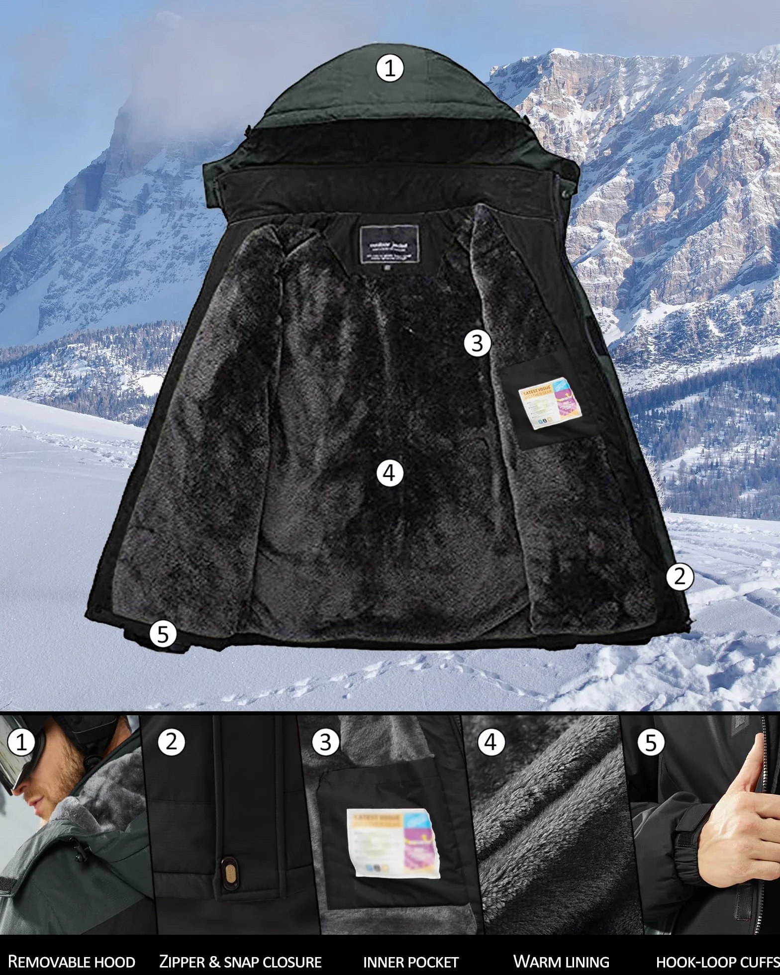 KEFITEVD Giacca Invernale Uomo Giacca da Sci Impermeabile Calda Foderata Outdoor con Cappuccio Staccabile Softshell Giacca Invernale in Pile