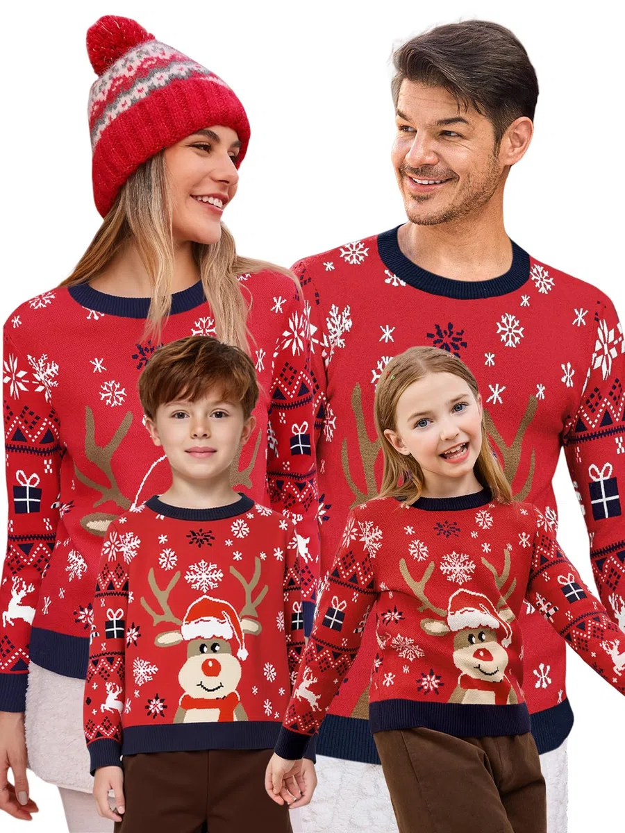 Saodimallsu Maglioni Natalizi Famiglia Donna Uomo Bambini Unisex Maglione di Natale Motivo Renna Maglione Invernale