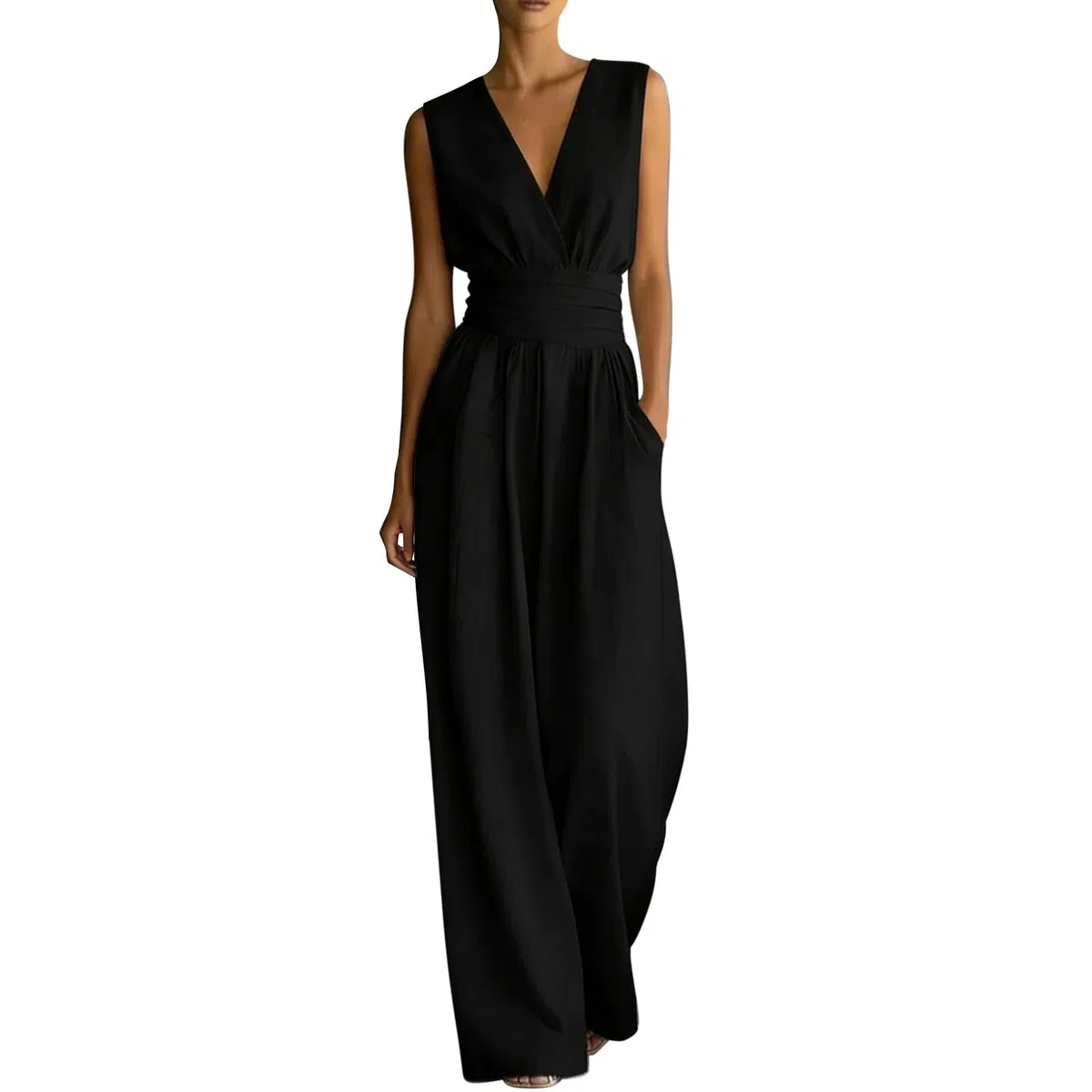 Tuta Elegante Donna Cerimonia Intera, Jumpsuit Lunga Curvy Senza Maniche Scollo a V, Salopette Estiva Pantaloni Larghi Slim Fit con Tasche, Overalls Casual Cocktail, Jumpsuits Festa Da Sera