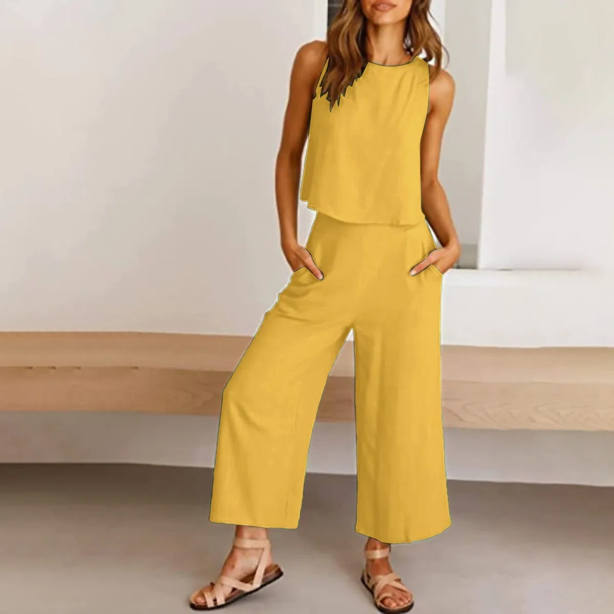 Completo Estivo Donna Lino Senza Maniche Bluse Traspirante Completi Elegante Set Due Pezzi donna estivo Canotta Boho Completino Casuale Mare Fresco completo Pantaloni e Camicia Per le Vacanze