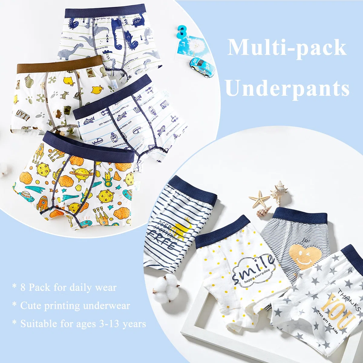 Boxer da Ragazzi Biancheria Intima Cotton Boy Bambini dai 3-13 Anni Morbide Mutandine da Ragazzo Traspiranti 8 Pezzi
