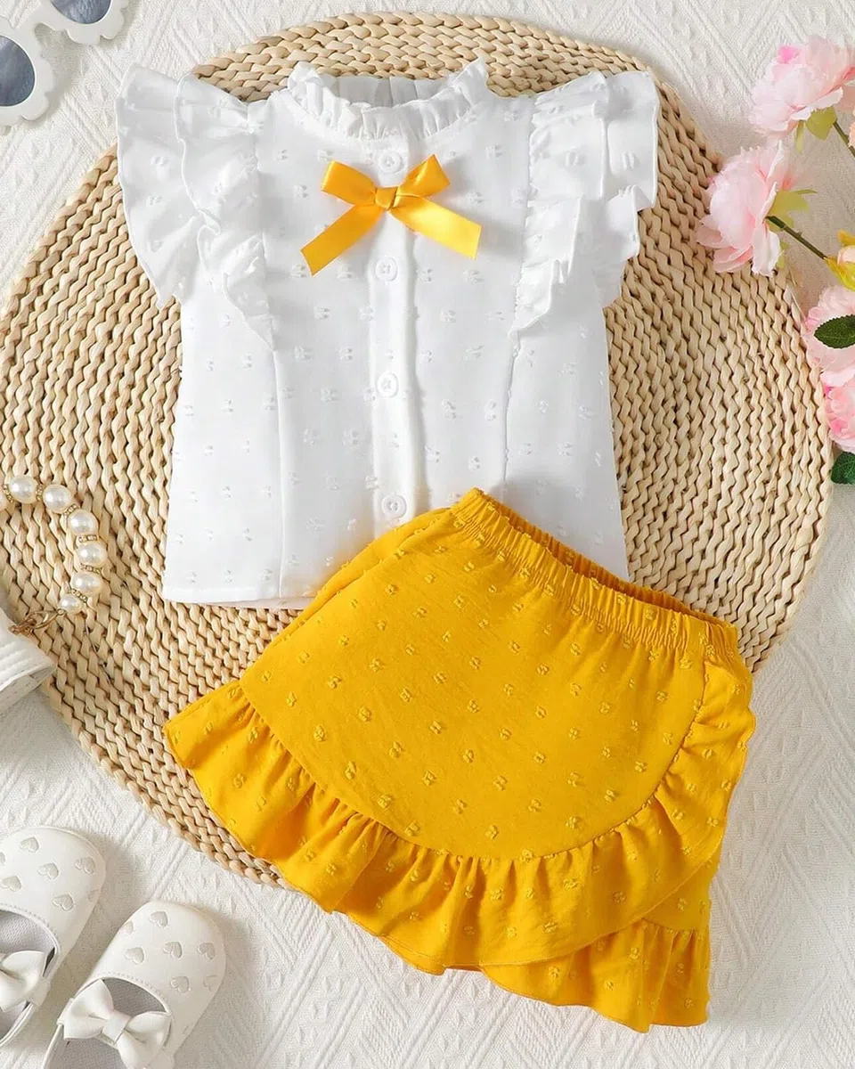 Vestiti Bambina Gonna Set Senza Maniche Volant e Fiocco Davanti Camicia + Elegante a Pois Svizzeri Gonna 2 Pezzi Abbigliamento Estivo per Bambine
