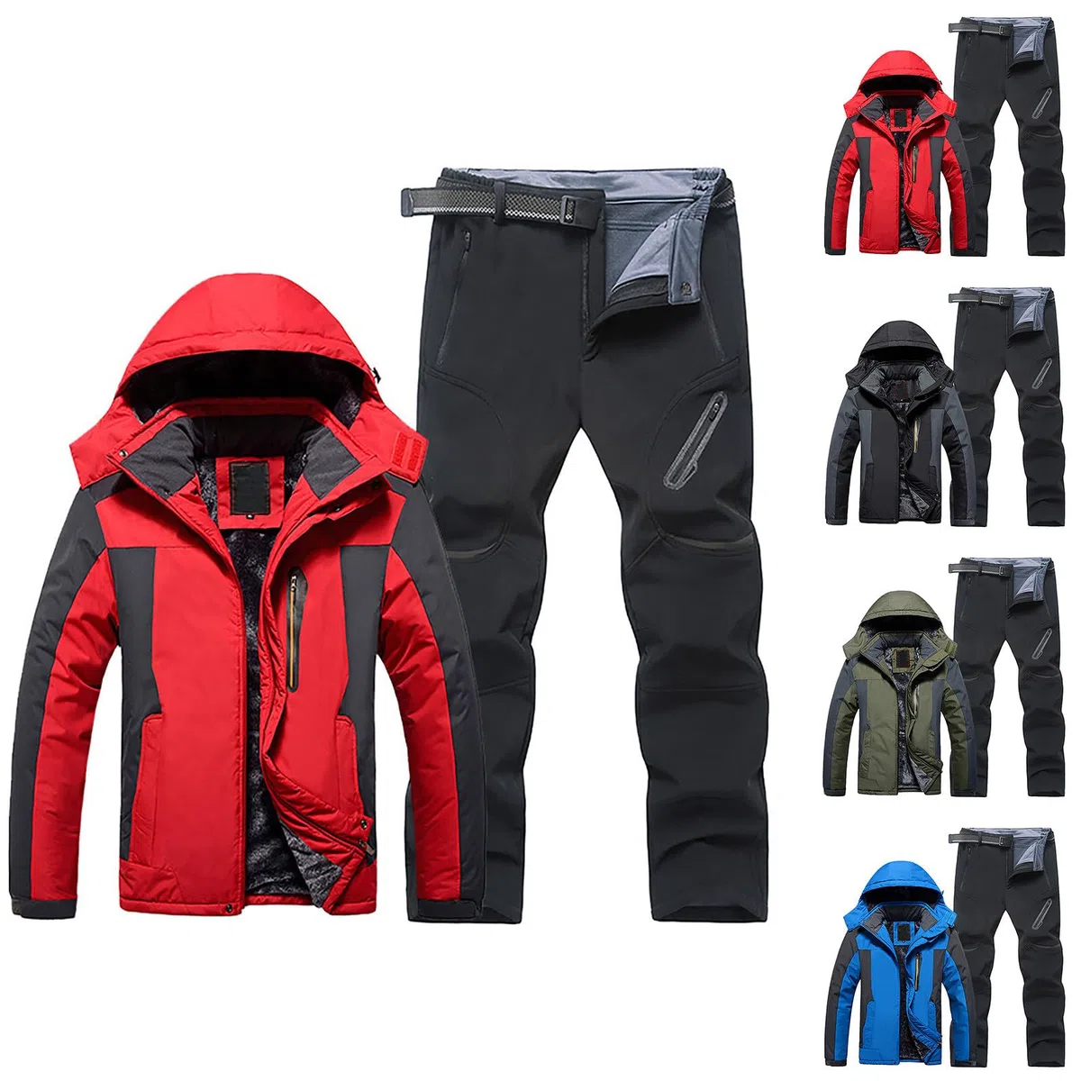 Generisch Tuta da sci da uomo, 2 pezzi, antivento, da neve, con cappuccio, impermeabile, da sci, da uomo, invernale, da sci e da sci, per sport all'aria aperta, per sci e sci