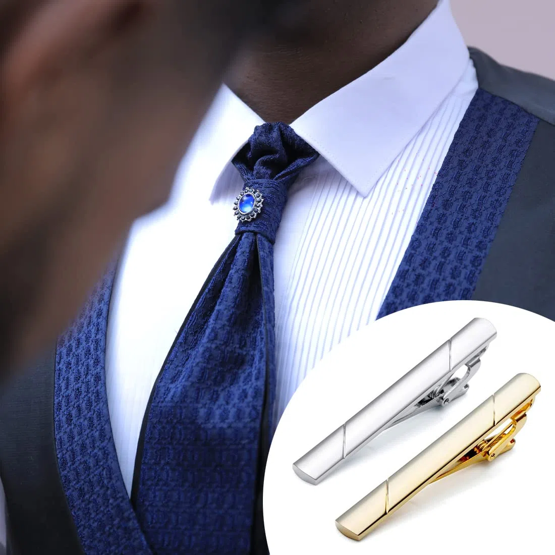 2pcs fermacravatta per uomo fermacravatta in metallo rame classico per San Valentino, Natale, matrimonio affari bar e vita quotidiana (oro, argento)