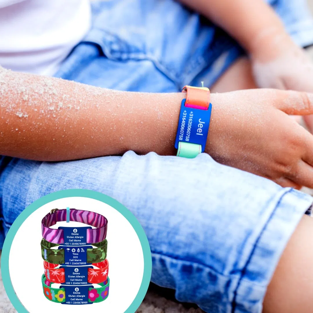 Braccialetto SOS personalizzato – Bracciale d’emergenza per bambini con incisione – Braccialetto ID con numero di telefono, indirizzo e dati medici – Regolabile e adatto ai bambini