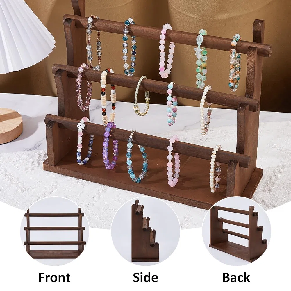 DICOSMETIC Supporto per bracciale in legno a 3 livelli, con supporto in legno, organizer per braccialetti, scrunchies, organizer per gioielli, display per casa, rivenditore e affari