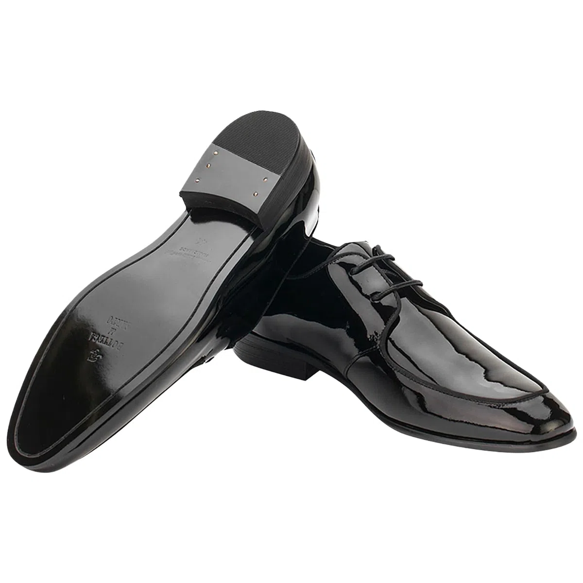 Bottega del Sarto Scarpa Derby da Smoking in Pelle Verniciata Nera con Suola in Cuoio Sartoriale