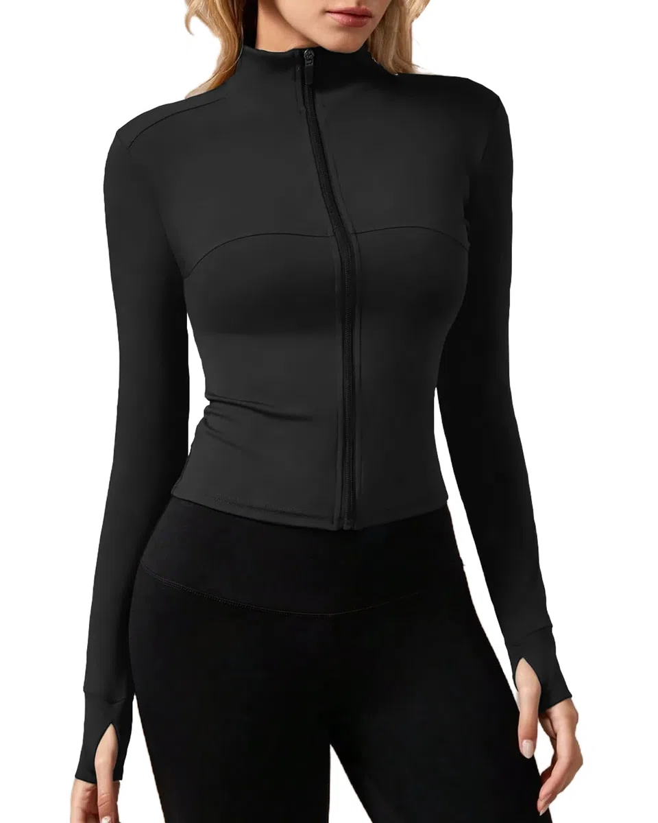 Giacca Sportiva Donna Maniche Lunghe Felpe Corsa Aderente Giacca da Invernale Leggera Giacca da Palestra Traspirante con Foro per il Pollice Giacche con Cerniere Top Fitness Jogging Running