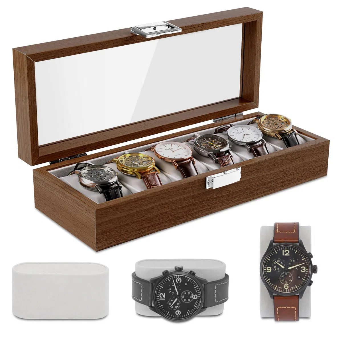 Scatola Porta Orologi Cassa Per Orologio In Legno Con 6 Scomparti Scatola Porta Orologi Uomo Cuscini In Velluto Rimovibile Regali Creativi（31.2x7.7x12cm）