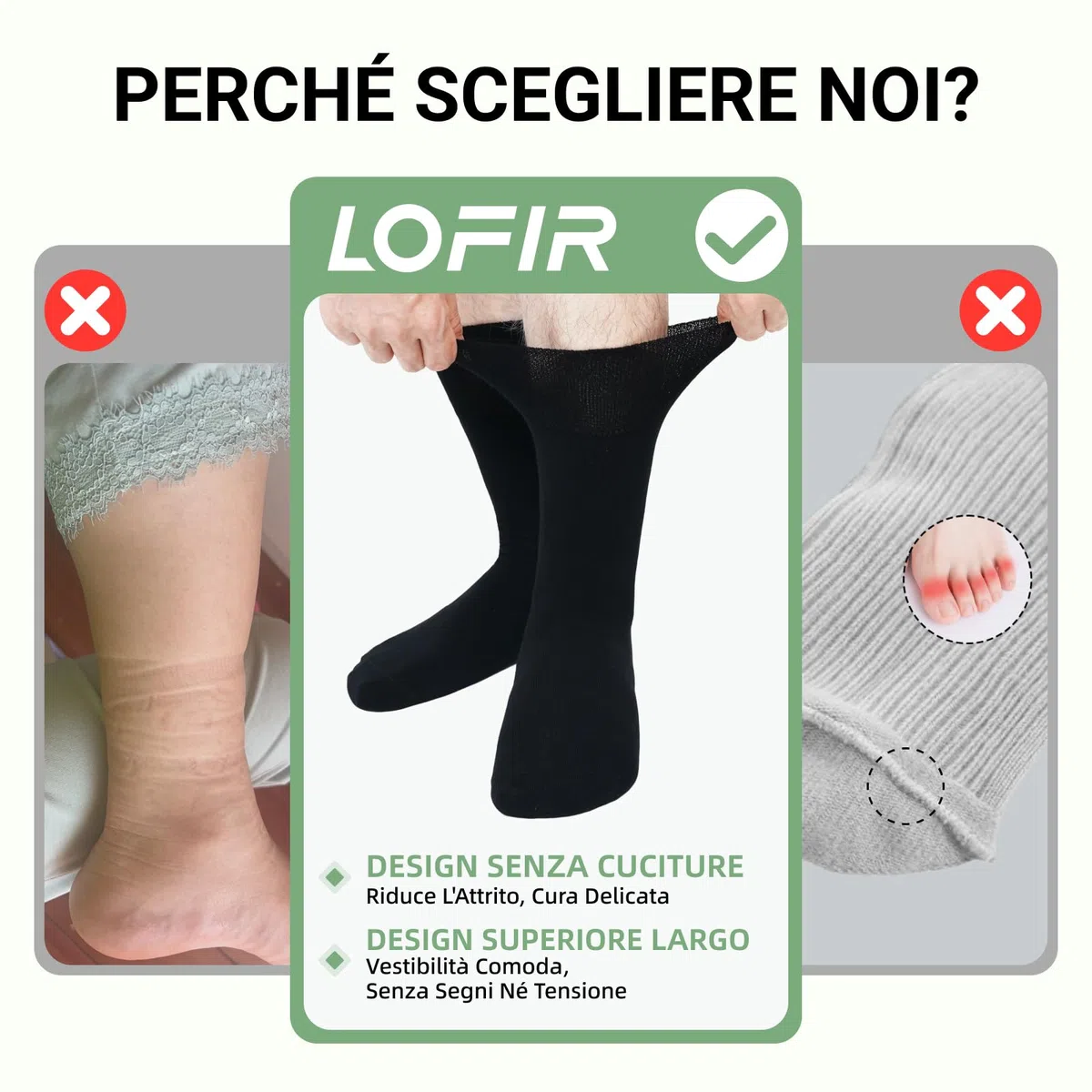 LOFIR Calzini Diabetici Uomo e Donna: Calze Sanitarie in Bambù Senza Cuciture Senza Elastico Morbido per Piedi Gonfi e Anziani 6 Paia