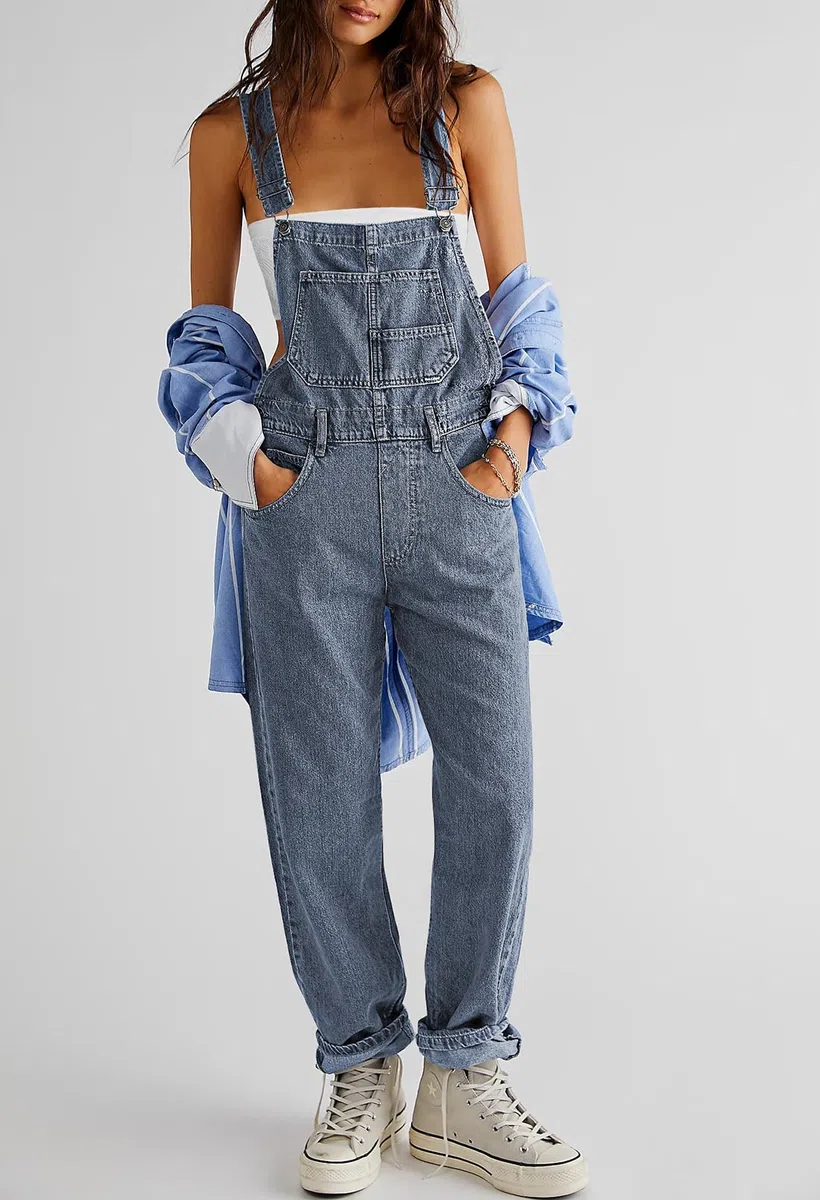 Sovoyontee Salopette da donna estiva, larga, in jeans, con bretelle
