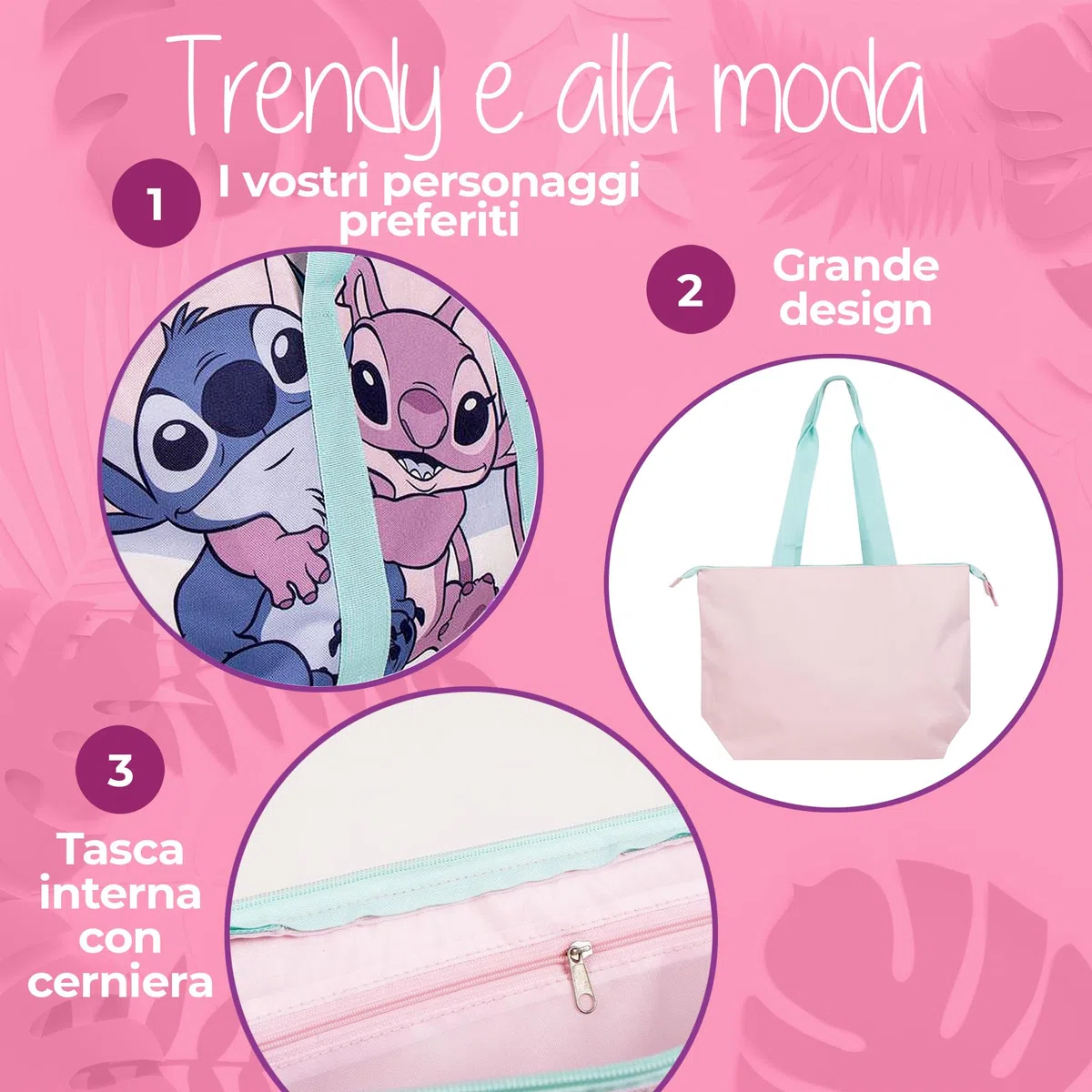 Borsa Stitch Regalo per Bambina e Ragazza – Grande Borsa Mare con Zip – Perfetta per Spiaggia e Vacanze