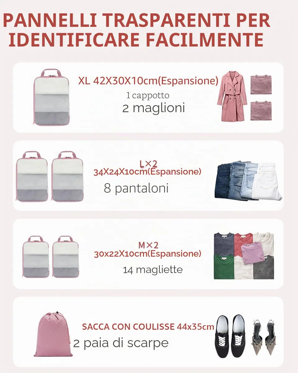 ECOHUB 6 Pezzi Organizer Valigia Salvaspazio Compressione, Set Per Viaggio Con Copriscarpe, Divisori Per Bagaglio a Mano, Leggero, Rosa