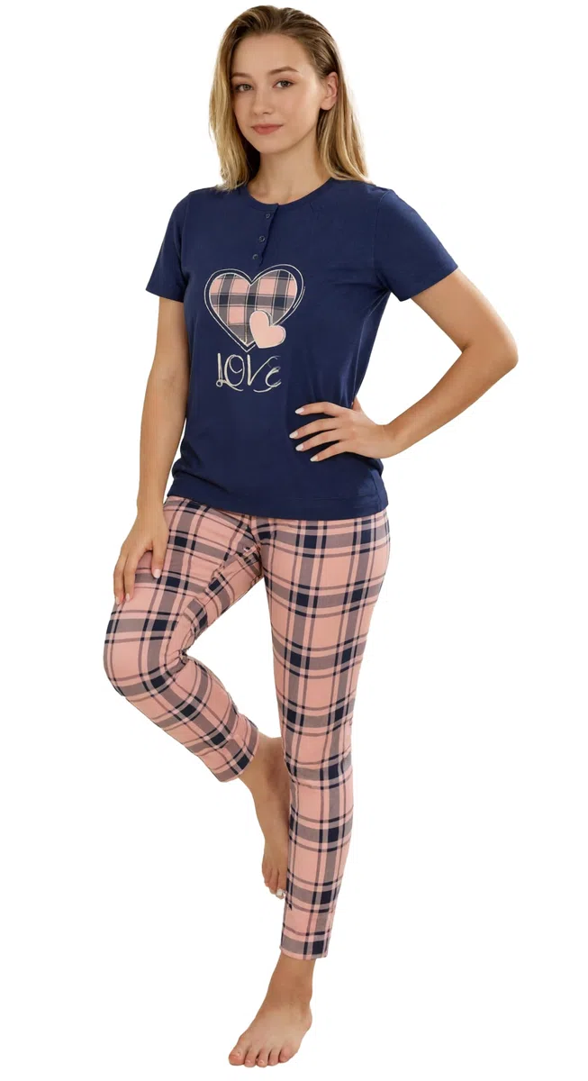 Pigiama Donna Estivo Due Pezzi in Cotone Morbido con Top Manica Corta e Pantaloni Lunghi Leggero e Confortevole 1050