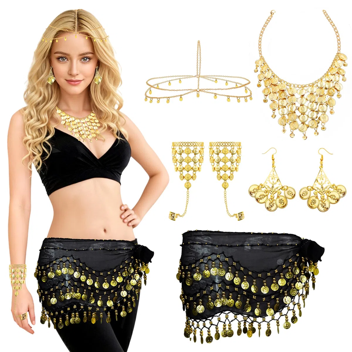 Baisdan 7 Pezzi Cintura di Danza del Ventre Donna Set, con Monete d'oro Orecchini, Collana, Braccialetti, Copricapo, Sciarpa Danza del Ventre per Halloween, Carnevale, Spettacoli