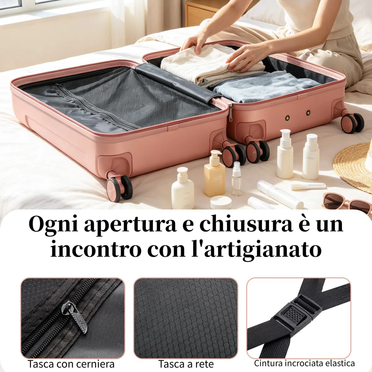 LEADZM Set di Valigie Rigide 4 Pezzi, Set Valigie con Rinforzi Angolari, Luggage Suitcase Grande 23 kg in ABS (Rosa oro)
