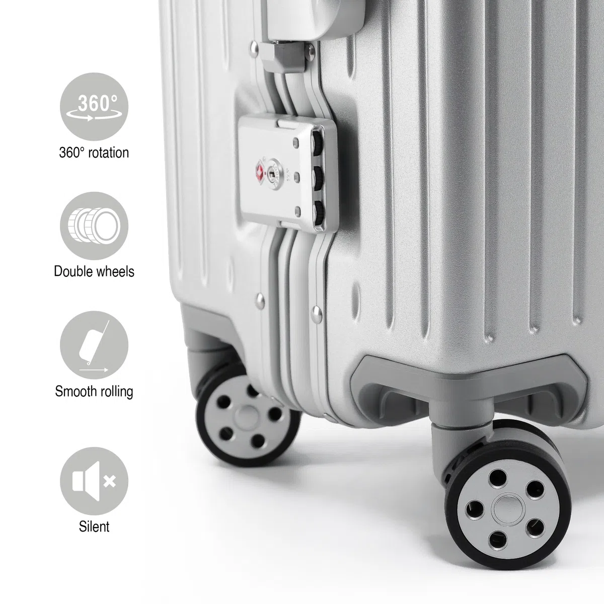 KOFA Zurich - Set di 2 valigie in alluminio, M-55 cm e XL-75 cm, telaio rigido trolley, carry-on + valigetta per check-in, con 4 ruote e doppia serratura TSA 35L + 94L, argento, 55x37x23 cm /