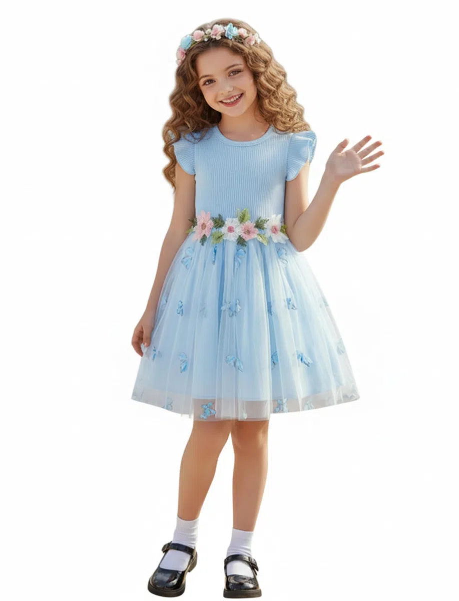 PATPAT Vestito Bambina: Elegante Abito da Bambina Tulle, Abiti da Principessa con Ricami a Fiori, tutù Abitini per Festivo, Matrimonio Compleanno 2-10 Anni, Taglie 83-140 CM