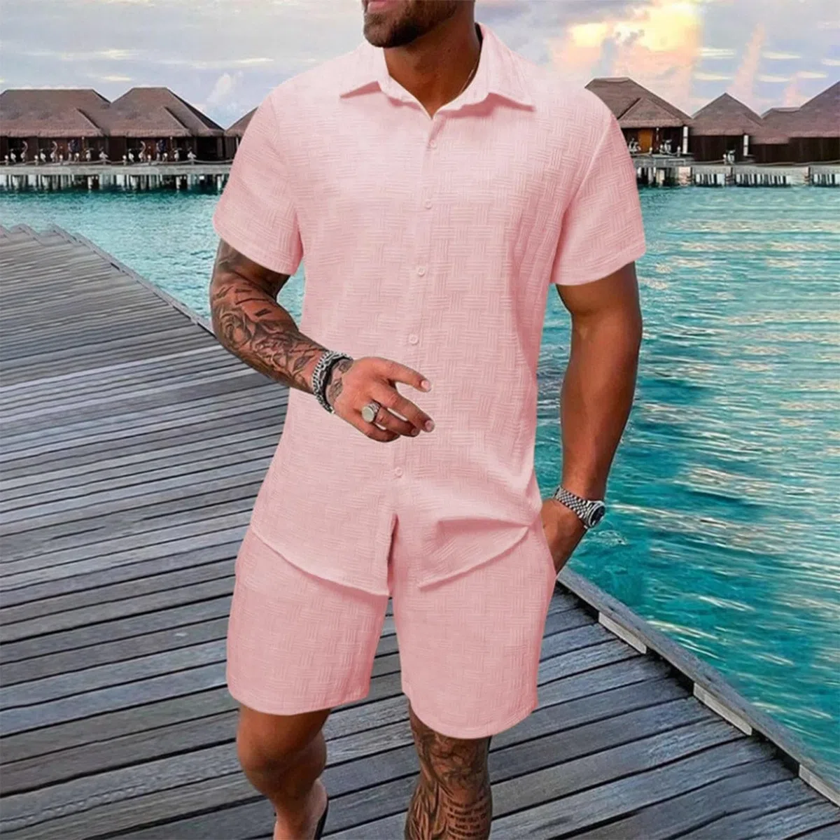 TOFOTL Completi Uomo Estivi Estivo Casual Leggera Sportivo Lavoro Camicia Manica Corta e Pantaloncini
