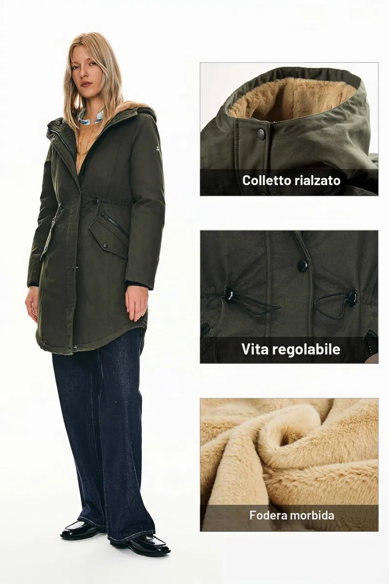 OROLAY Parka da Donna Foderato in Pile con Cappuccio Giacca Imbottita Invernale di Media Lunghezza