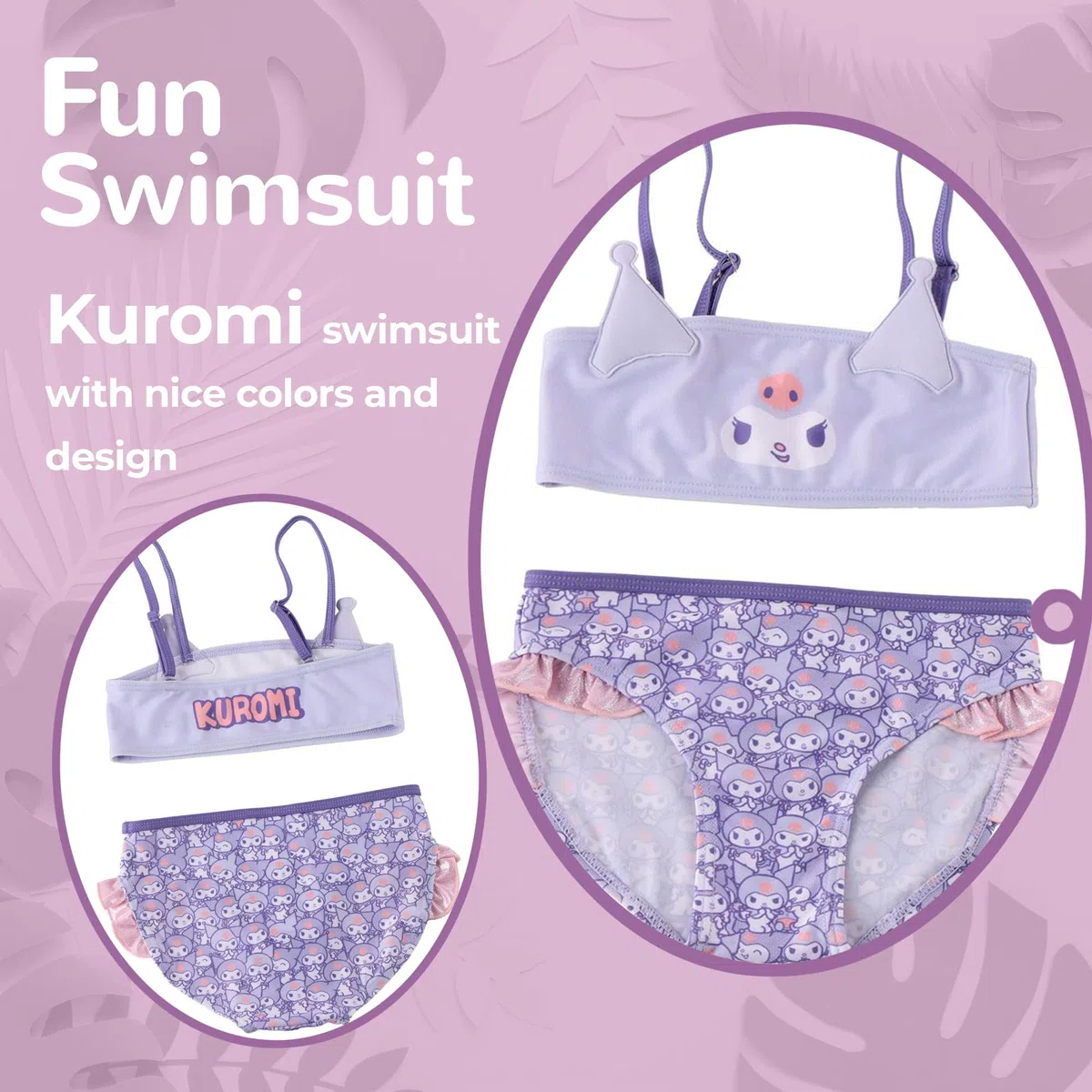 Kuromi - Costume da bagno a 2 pezzi da bambina - Dettagli volant e spalline regolabili - leggero e ad asciugatura rapida