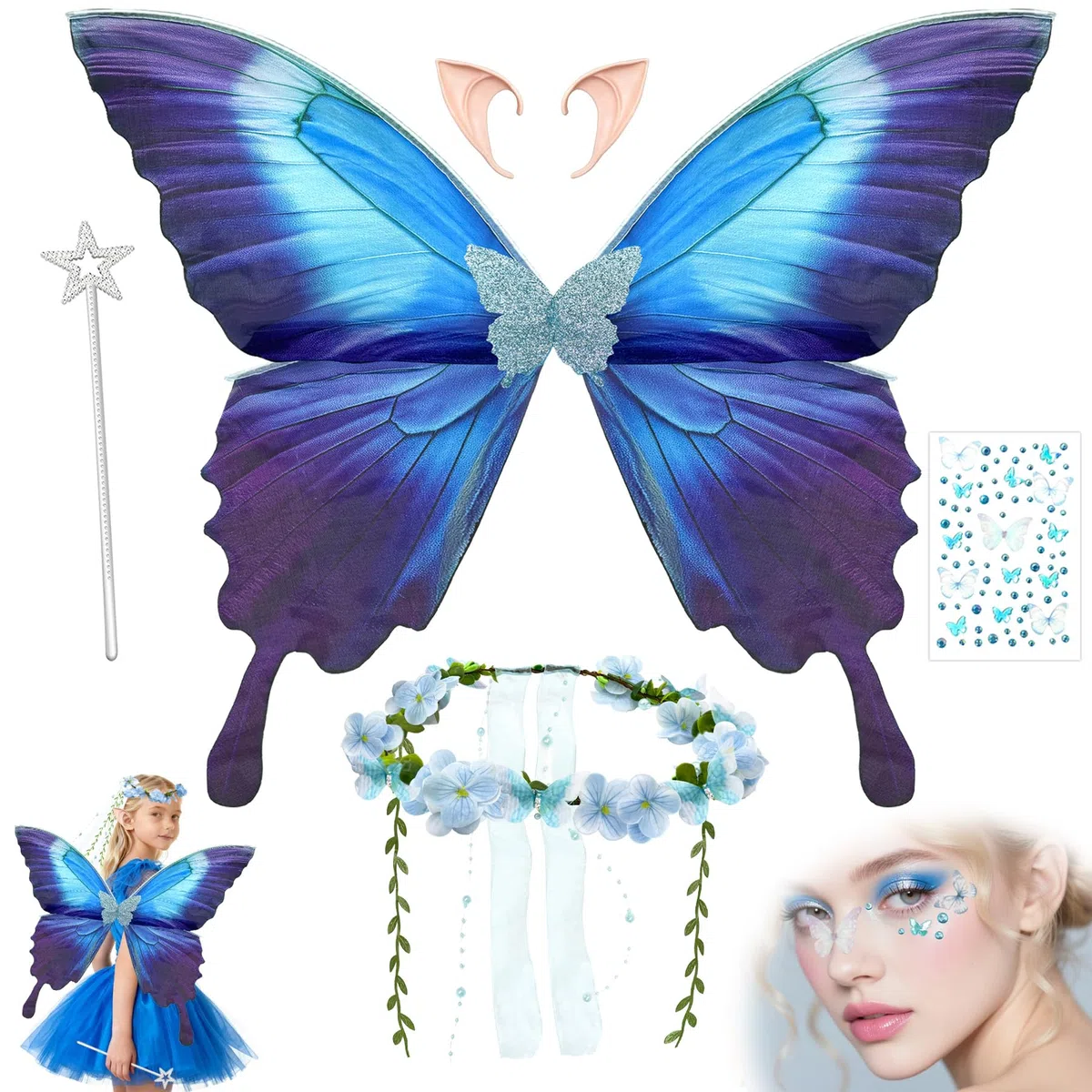 TZEKING Ali da Fata a Forma di Farfalla, Ali per Adulti e Bambini con Orecchie da Elfo, Cerchietto da Fata e Bacchetta di a Stella, Costume per Compleanno Carnevale Halloween Cosplay