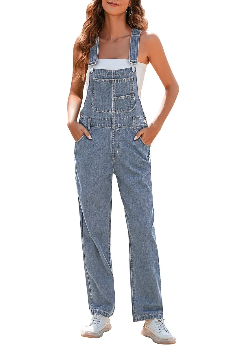 Sovoyontee Salopette da donna estiva, larga, in jeans, con bretelle