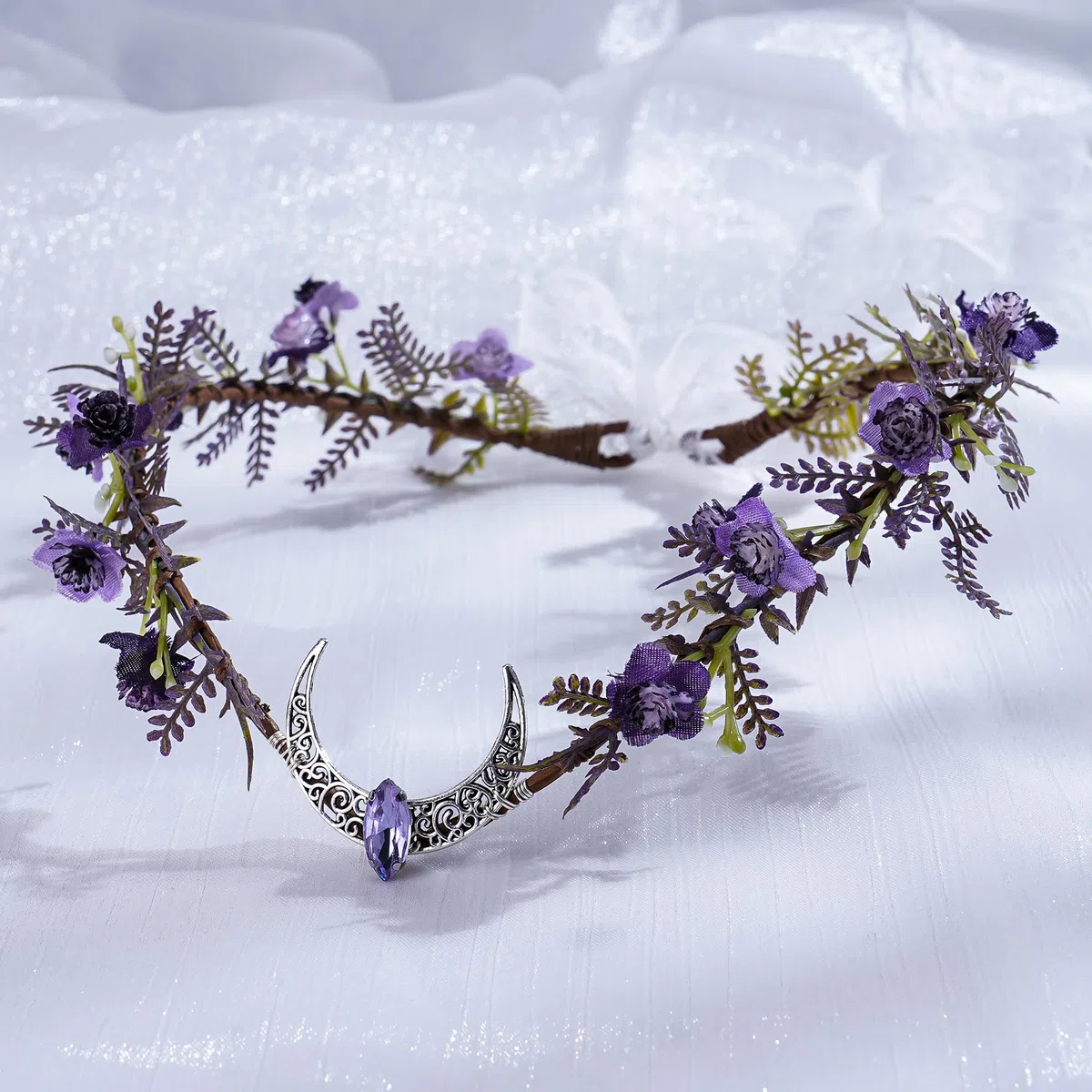 MOSTORY Corona di elfo viola per donne, copricapo da elfo lunare per festival rinascimentali, corona floreale da elfo di bosco per cosplay e servizi fotografici