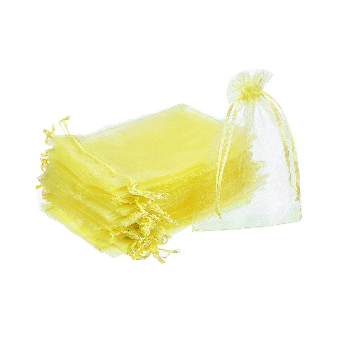 QUARKZMAN 100Pz Sacchetti Organza 5x7cm con Cordoncino, Buste Regalo Trasparente, Sacchettini Bomboniere Sacchetti per Gioielli per Regali, Matrimoni, Feste, Natale, Giallo