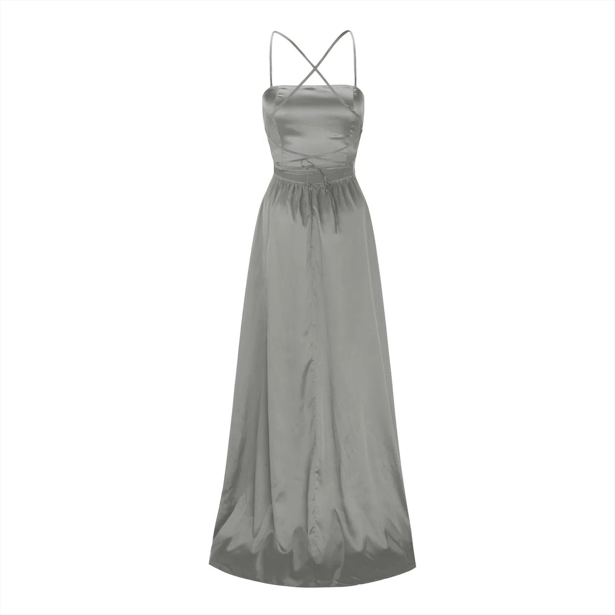 Abito da ballo da donna in raso con spalline sottili e schiena scoperta, design a fessura lunga, silhouette elegante, perfetto per occasioni formali