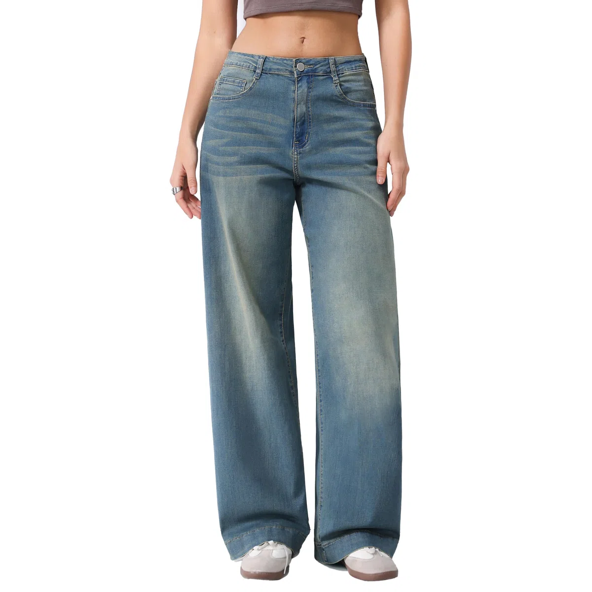 Jeans Donna Vita Alta Gamba Larga Denim Elasticizzato Lavaggio Chiaro Casual Streetwear Comodi