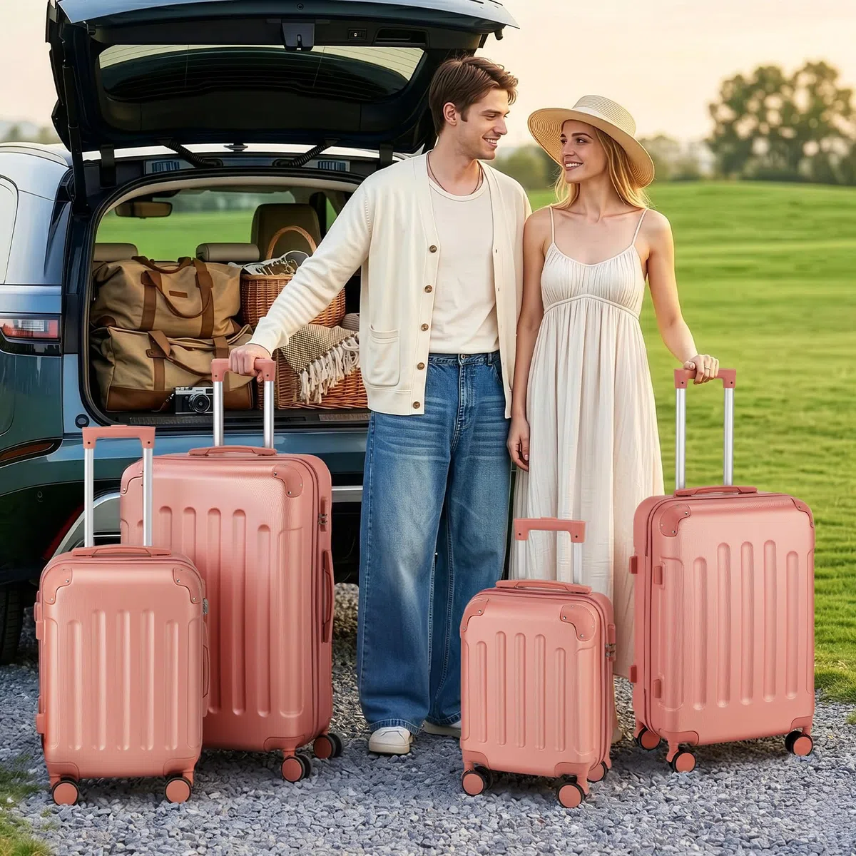 LEADZM Set di Valigie Rigide 4 Pezzi, Set Valigie con Rinforzi Angolari, Luggage Suitcase Grande 23 kg in ABS (Rosa oro)