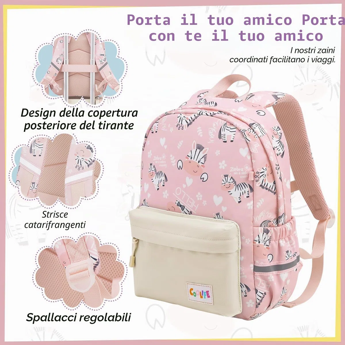COOLIFE Set di bagagli per bambini, 5 pezzi, 16 pollici, bagaglio a mano, guscio rigido, spinner, bagagli per bambini, bagaglio da viaggio, per ragazze e ragazzi, zebra, Koffer-Set 5-tlg, Set di