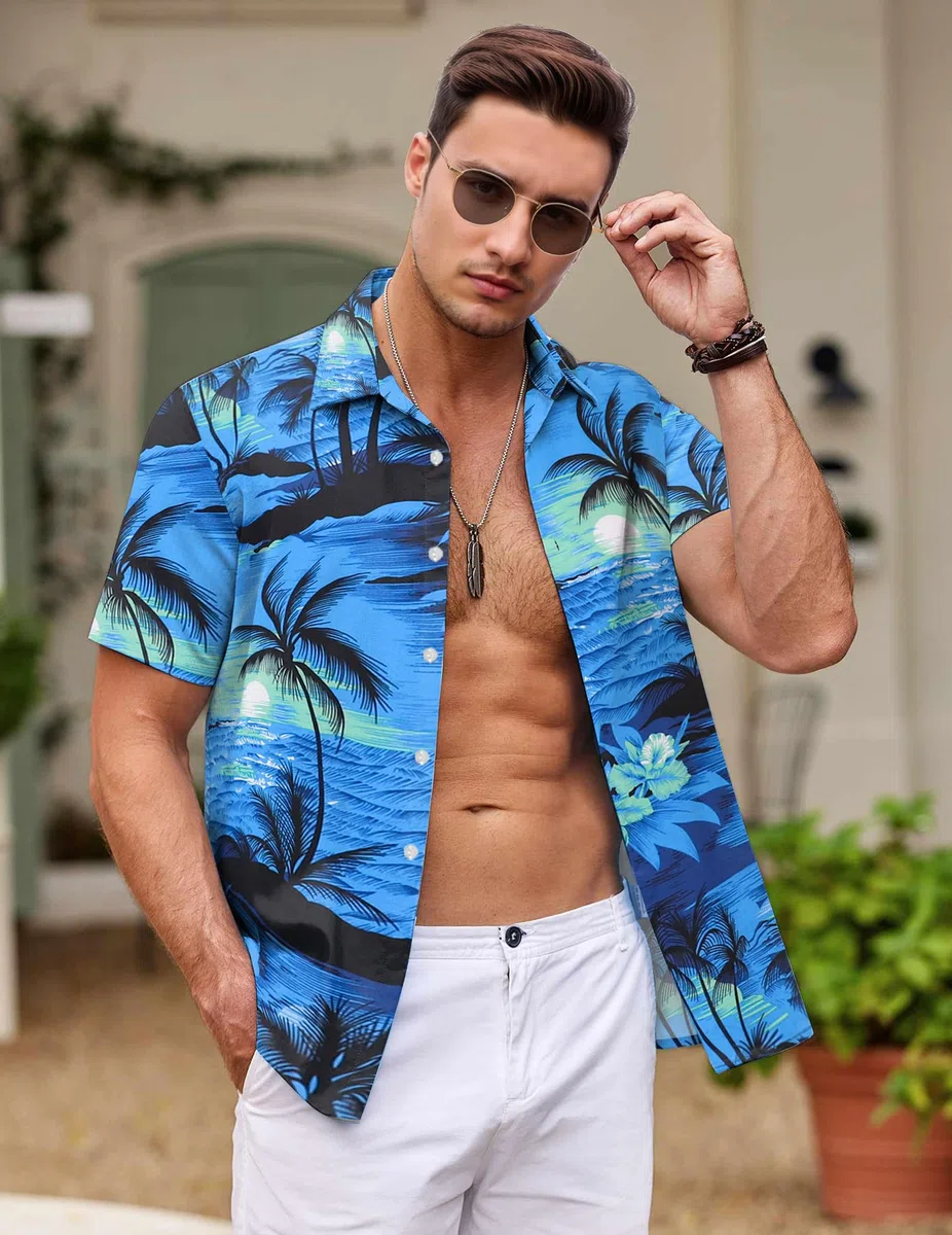 Camicia Hawaiana da Uomo – Camicia Hawaiana da Uomo con Bottoni, Camicie Floreali Stampate Casual a Maniche Corte