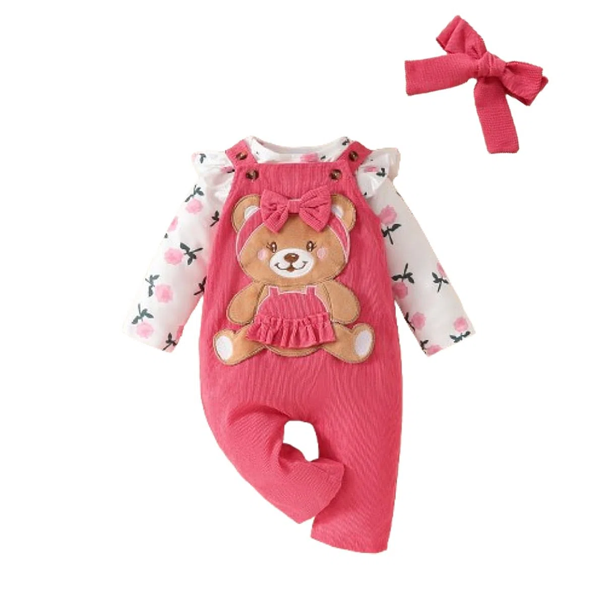 3Pz Completo Neonata Invernale Pagliaccetto Manica Lunga Elegante Orso Salopette Pantaloni e Fascia con Fiocco Tuta Set di Vestiti per Neonate