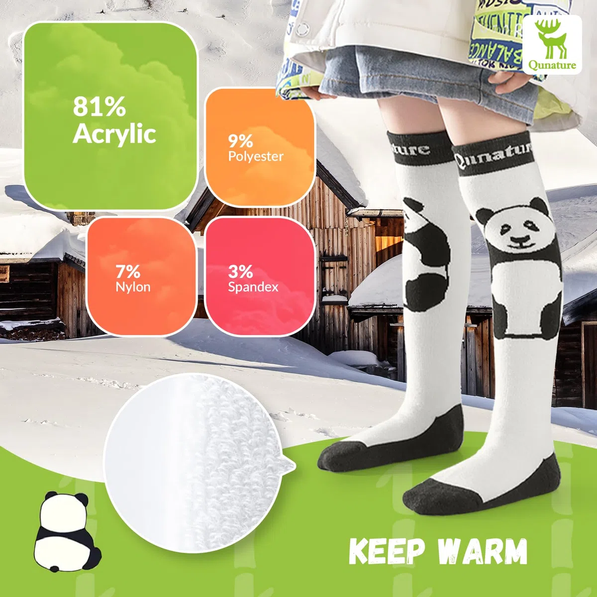Calze da Sci Bambini, Calze Panda Caldi Invernali, Calze Carine Neve a Compressione, Calzini al Ginocchio, Adatto per Neve Sci Snowboard Escursionismo, 1 Paio, Taglia 25-36