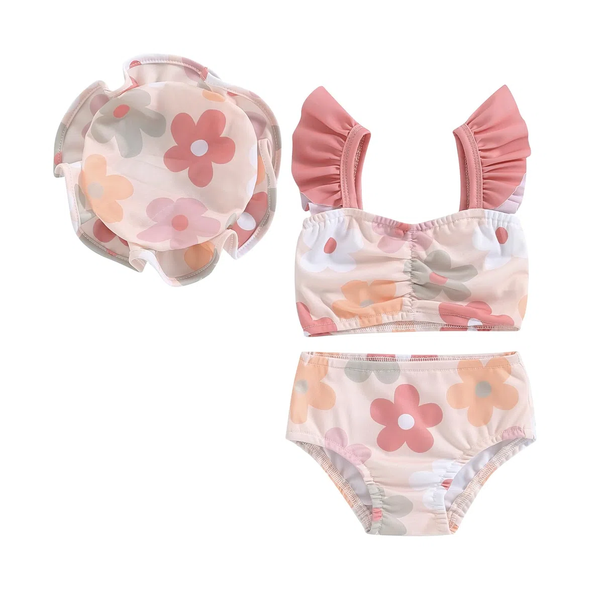 Carolilly Costume da Bagno Neonata 3 Pezzi Bikini Bambina Stampa Floreale Swimsuit Top con Maniche Volant+Pantaloncini da Bagno+Cappello da Bagno