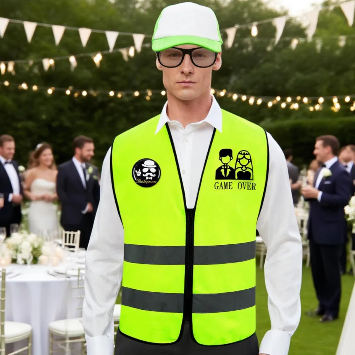 JGA Costume da Uomo per Addio al Celibato con Cappello, Gilet, Occhiali e Distintivi, Divertente Gilet Riflettente, Addio Celibato Gadget Sposo per Festa, Regali Creativi