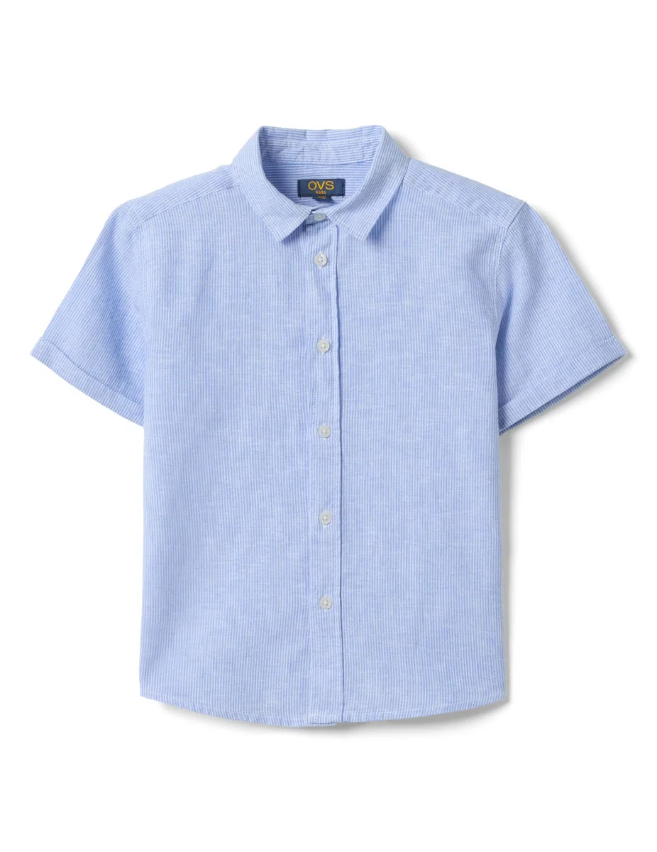 OVS Kids Camicia Azzurra a Righe in Misto Lino e Cotone da Bambino Regular Fit