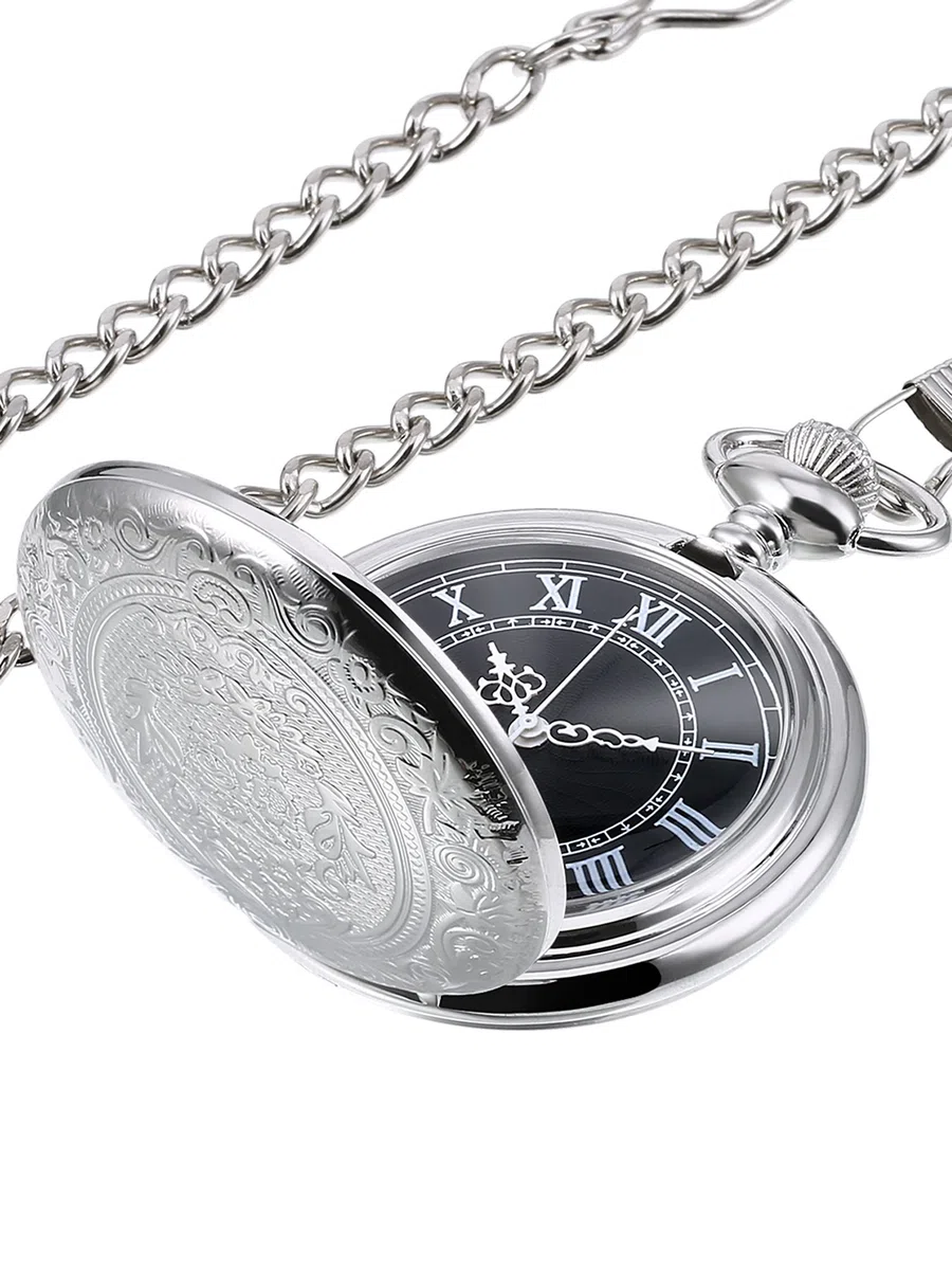 Orologio da Taschino al Quarzo per Uomo con Quadrante Nero e Catena
