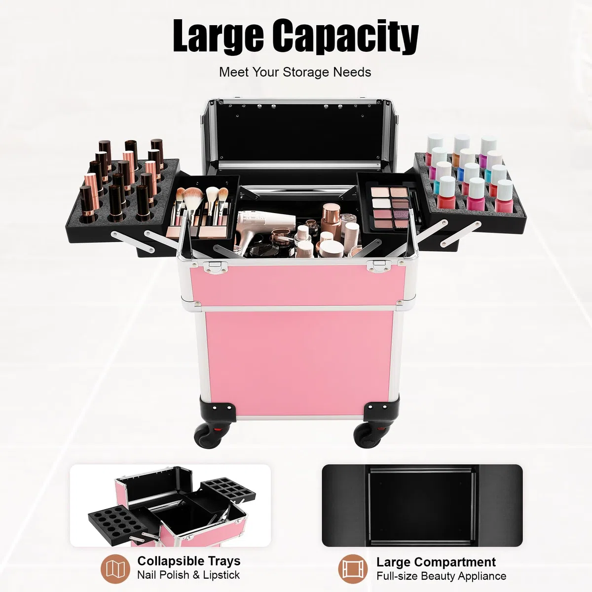 Rolling Trucco Trolley Valigia in Alluminio, Grande Capacità, Scomparti Rimovibili, Organizer Ottimale, Trolley Estensibile, Ideale per Viaggi, Lavoro, Salone di Bellezza, Artista, Rosa
