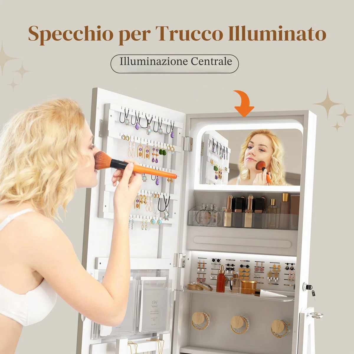 STARLEAD Specchio LED per Gioielli, Armadio Organizzatore da Terra, Lunghezza Intera, con Luce a 3 Colori Regolabile, Funzione Memoria, Fodera in Velluto, Ampio Spazio di Archiviazione, Bianco