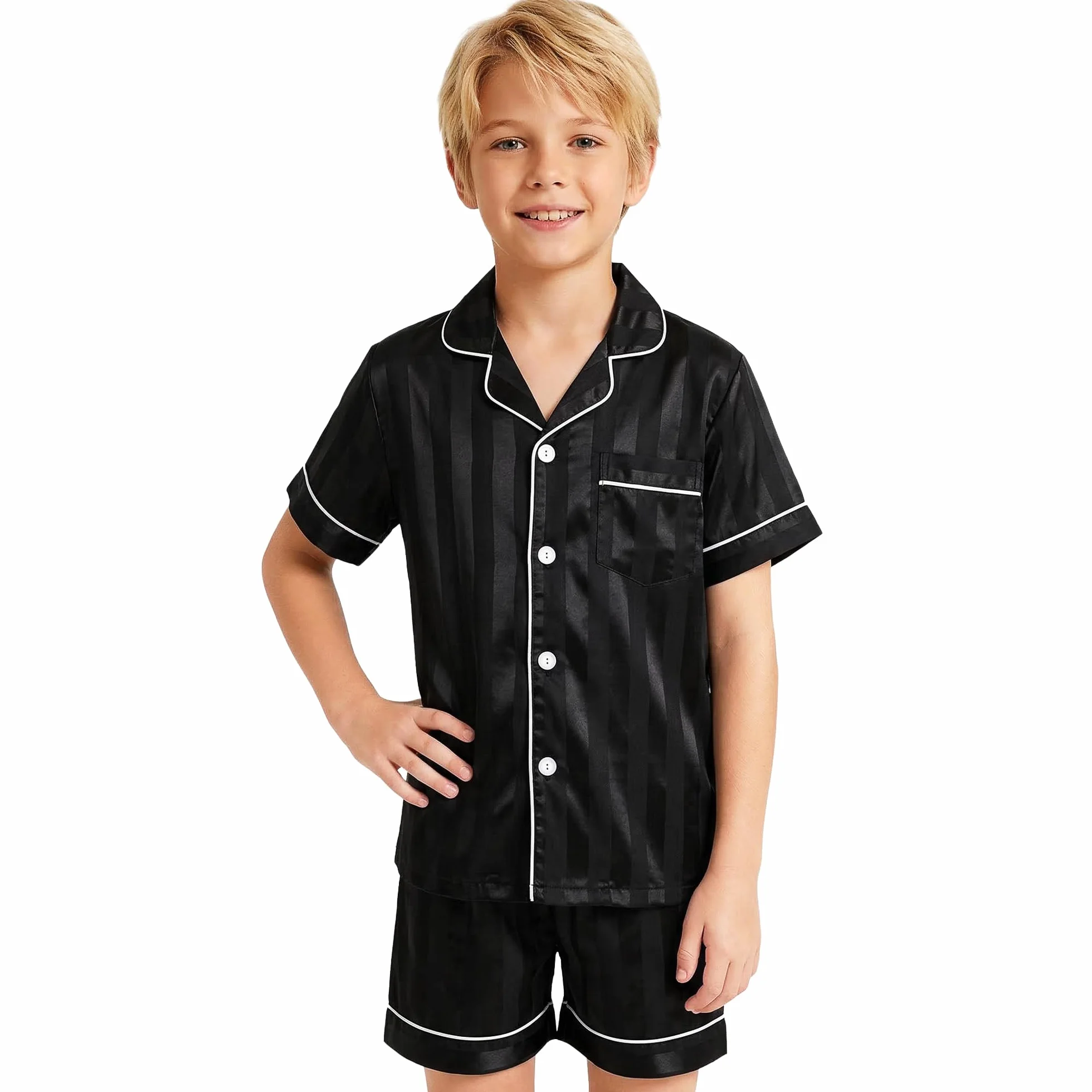 JinBei Pigiama Ragazza Ragazzo Raso Pigiama Corto 2 Pezzi da Bambini, Estivo Pigiami Confortevole Abbigliamento da Notte Casa, Camicia con Bottoni e Pantaloncini Set Bambine per 8-13 Anni