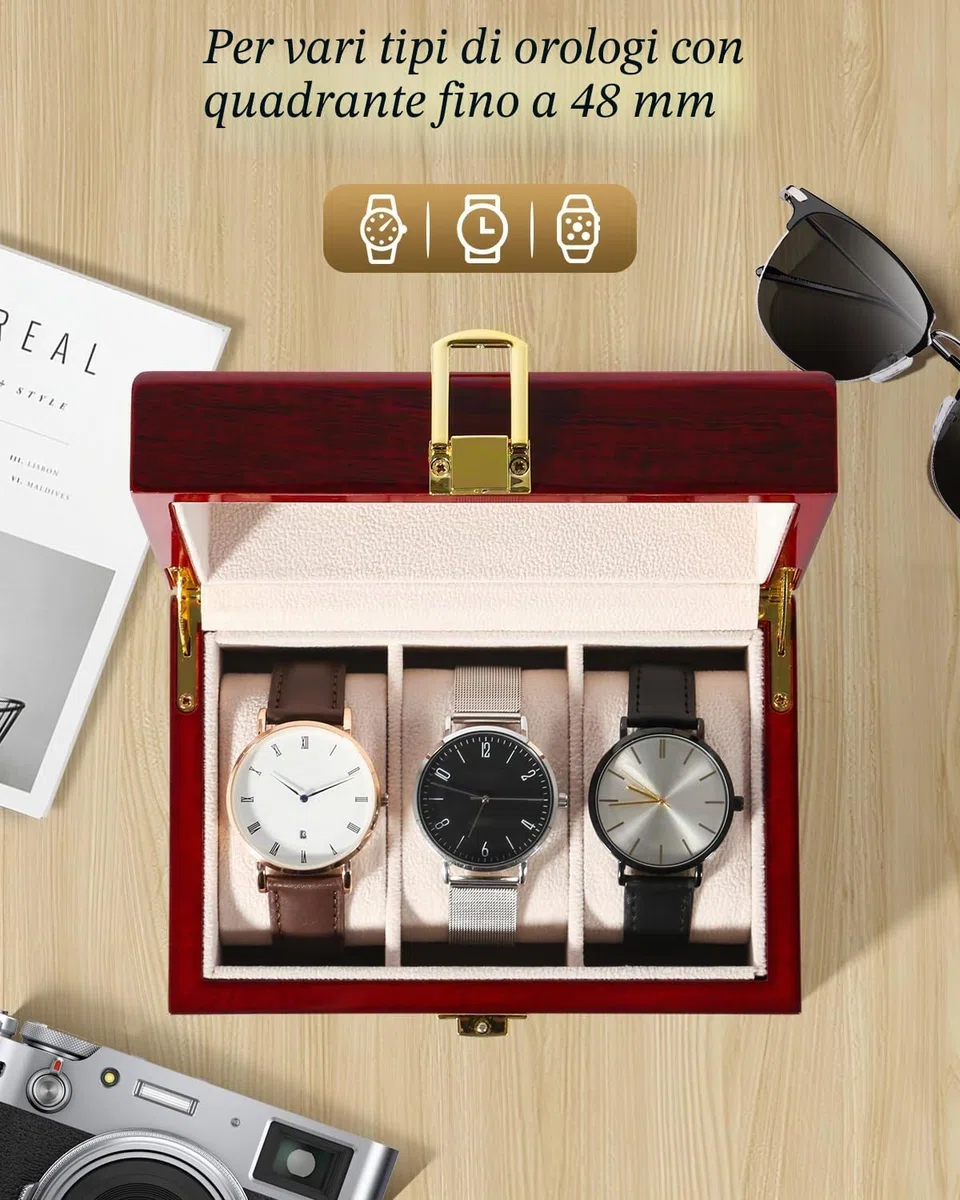 Uten Scatola Porta Orologi Legno 3 Espositore per Gioielli con Scatola Portaoggetti a Griglia con Cinturino per Orologio per Uomo e Donna