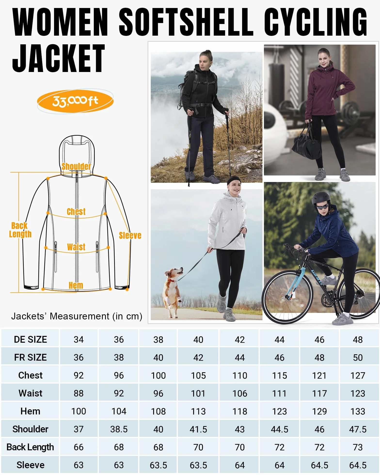 33,000ft Giacca softshell da donna, impermeabile, antivento, traspirante, da corsa, leggera, con cappuccio, per corsa, ciclismo, escursionismo, primavera, autunno
