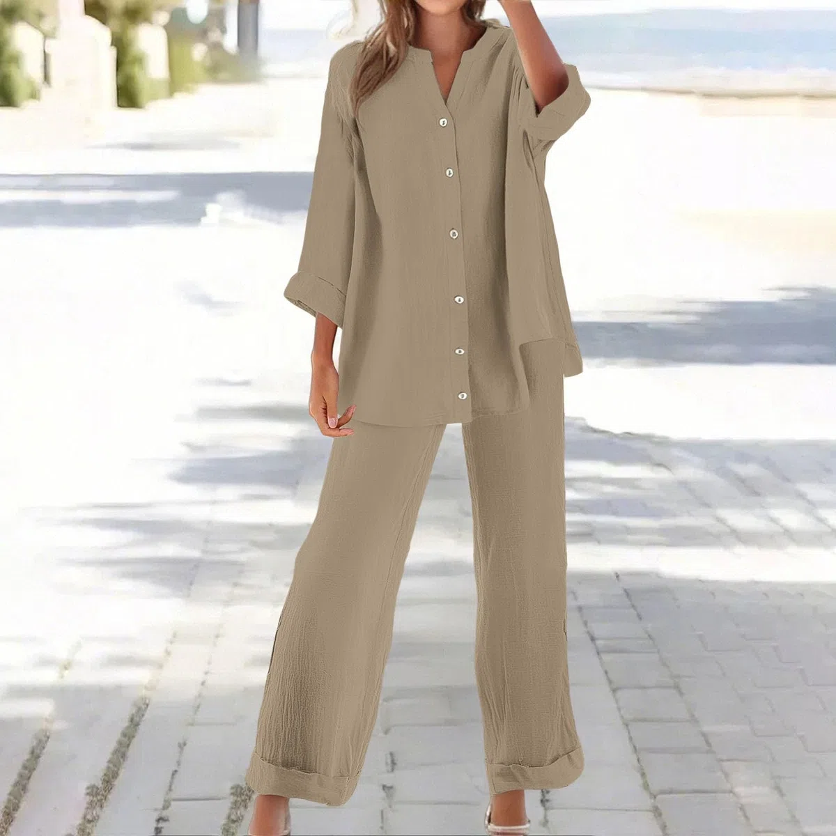 Tuta Lino Donna Estiva Elegante Coordinato Larghi Camicia + Pantaloni Leggera Cotone E Lino Estivo Tute Da Ginnastica Primavera Curvy Set Due Pezzi Maniche 3/4 Jogging Traspirante Set Spiaggia