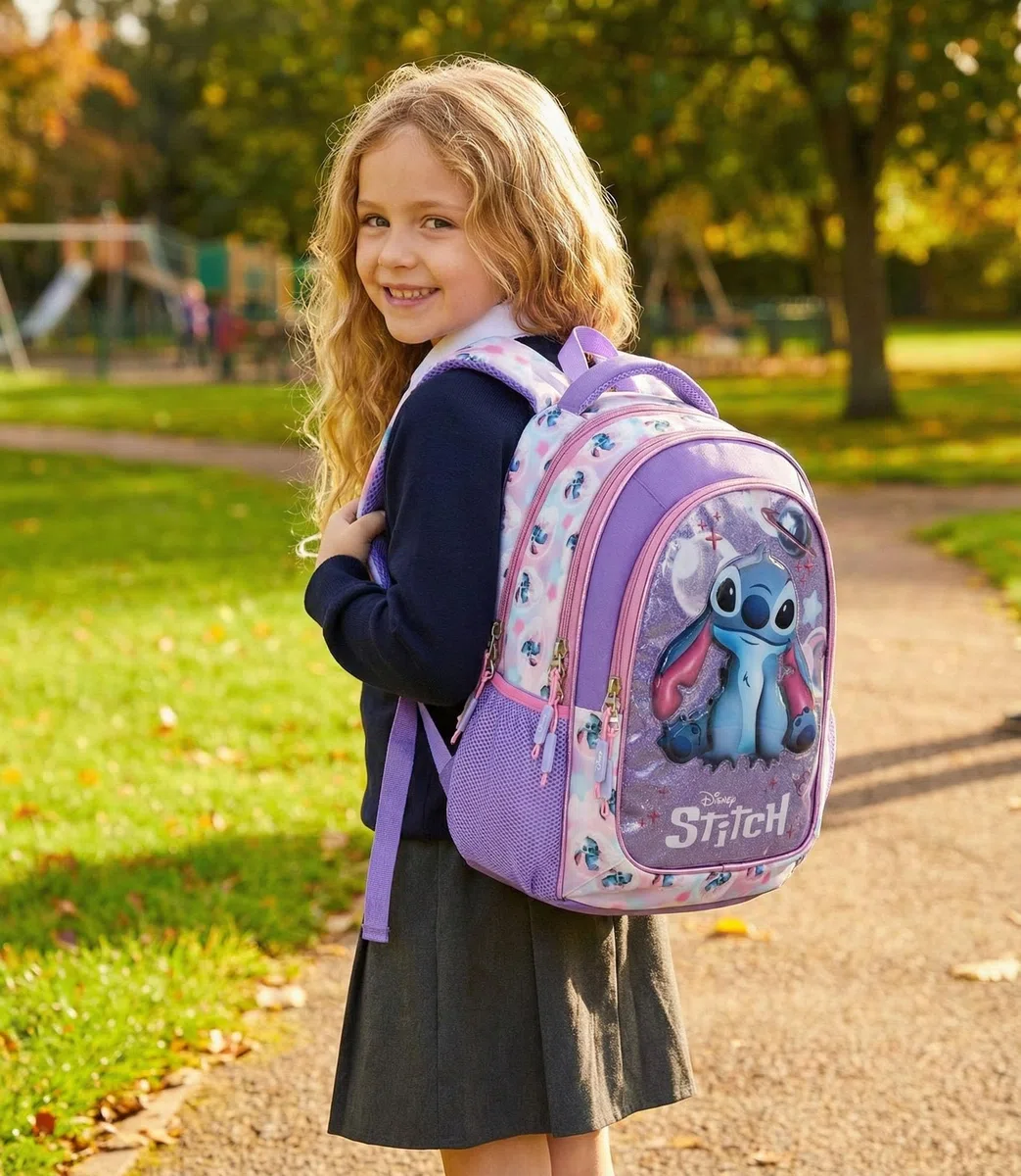 Clondo School Pack Completo Zaino Scuola Ergonomico 33x43x20 cm con Astuccio coordinato 3 Scomparti 46 Pezzi – Per Stitch Fan – Elementare e Regalo Bambina